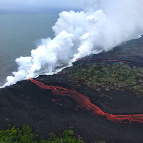 Aerial view of lava steam on the Big Island